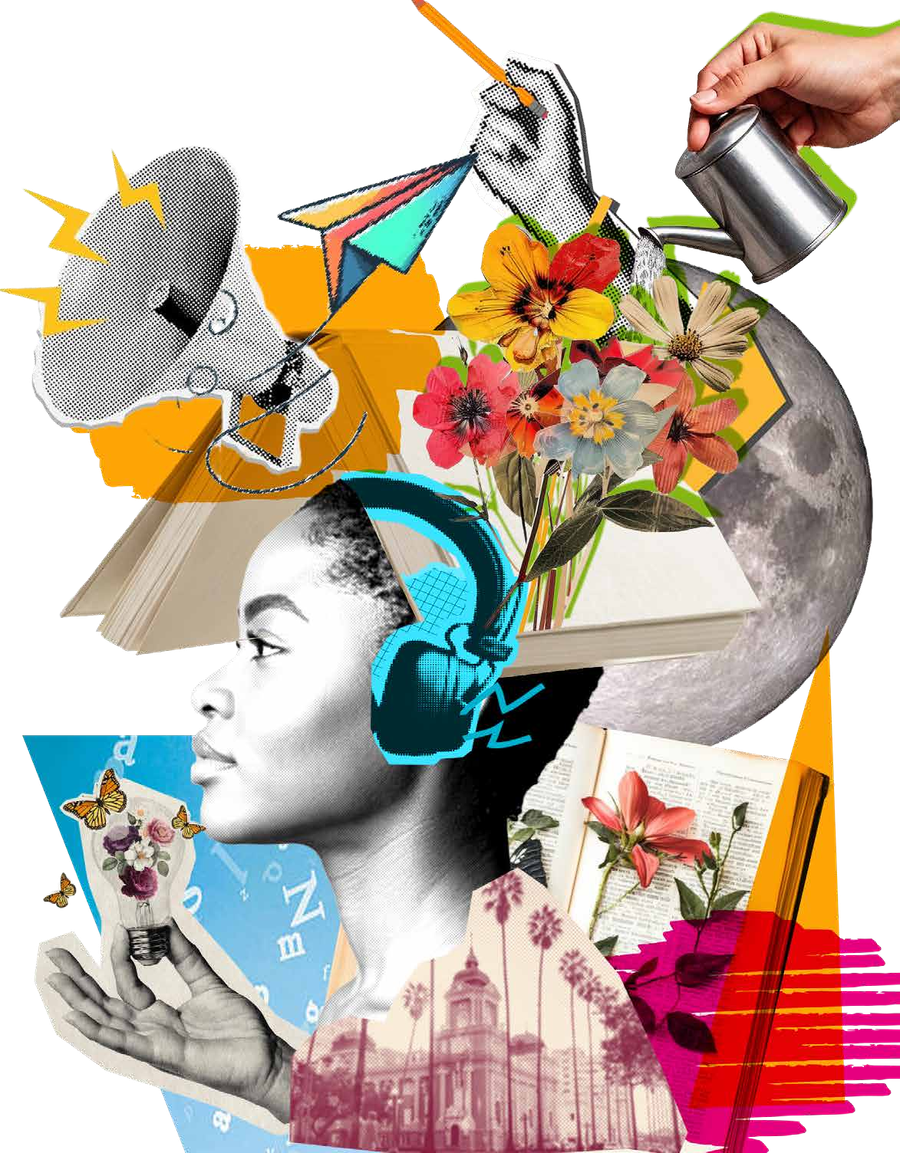 Colagem: perfil de uma mulher jovem com fones de ouvido, cercada de livros, flores, borboletas, um megafone, um avião de papel e uma lua