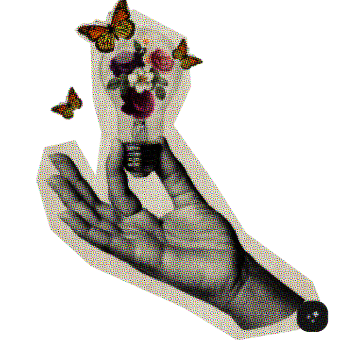 Mão segurando uma lâmpada cheia de flores, com borboletas ao redor